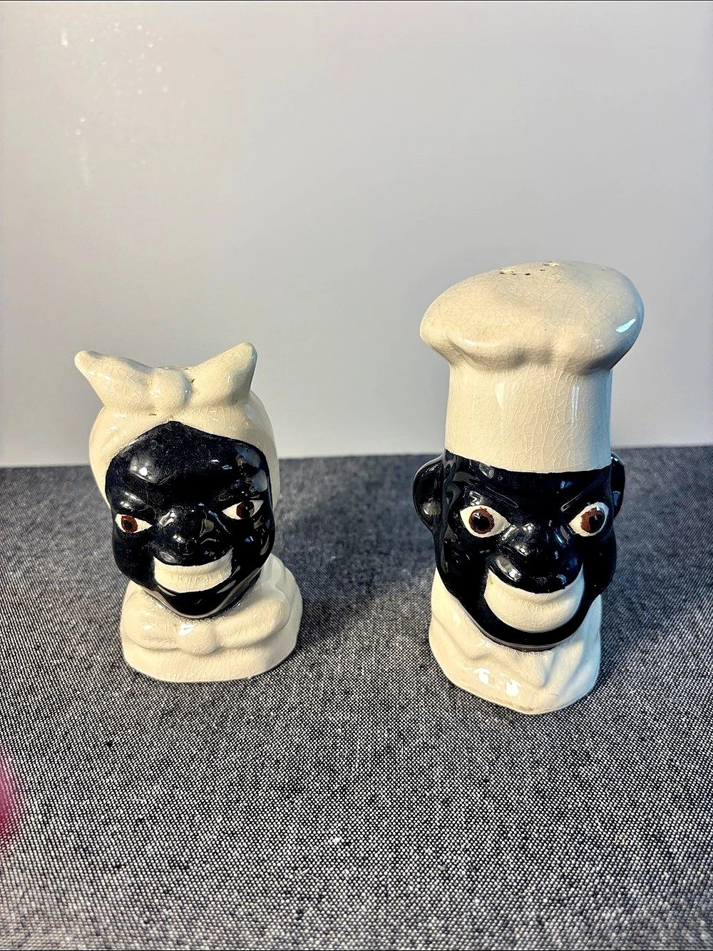 Vintage & Rare. Black & Cream Chef Porcelain Salt and Pepper Shakers.